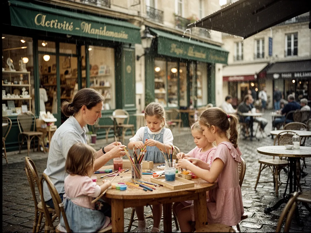 Atelier de maternelle : enfants décorant des parapluies en papier avec gommettes et peinture