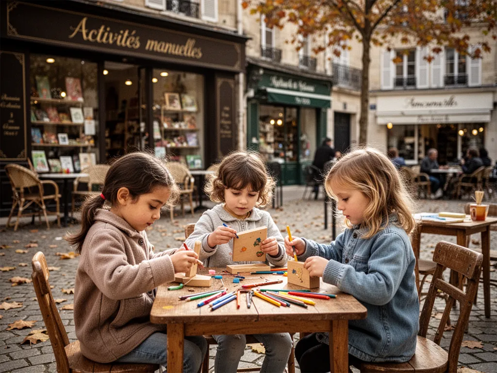 Enfants collant des feuilles d'automne sur une feuille de papier