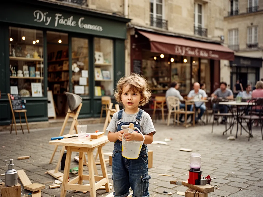 Enfant de six ans qui peint et enfile des perles sur une table de bricolage