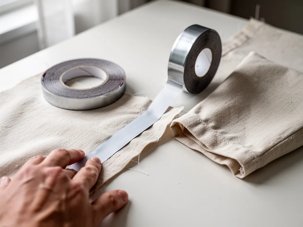A strip of double-sided adhesive tape being pressed onto a light cotton fabric edge, a silver dispenser roll nearby, a h