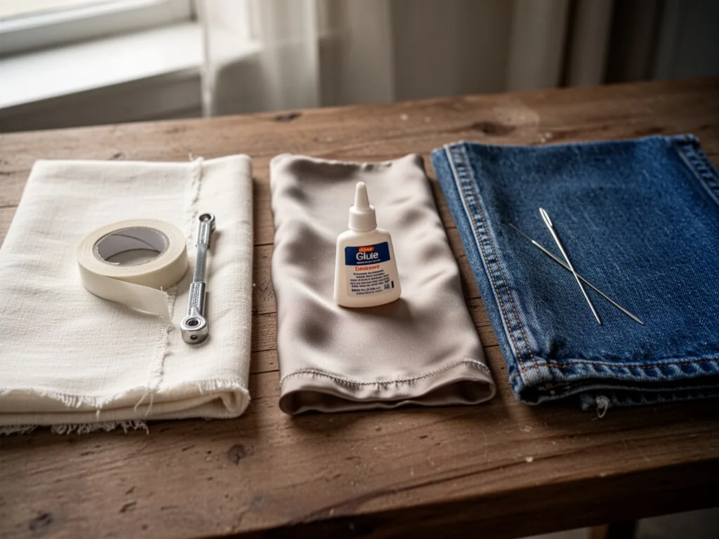 Three fabric swatches of cotton, silk, and denim arranged side by side on a wooden table, each with a different hemming 