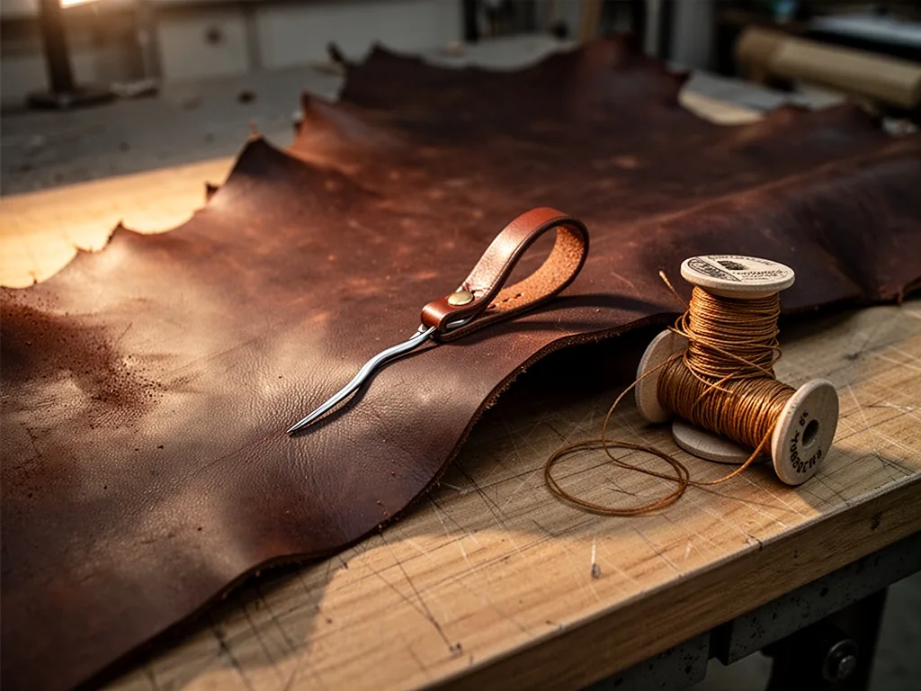 A curved leather needle piercing a thick piece of dark brown cowhide, a spool of waxed thread beside it, wooden cutting 