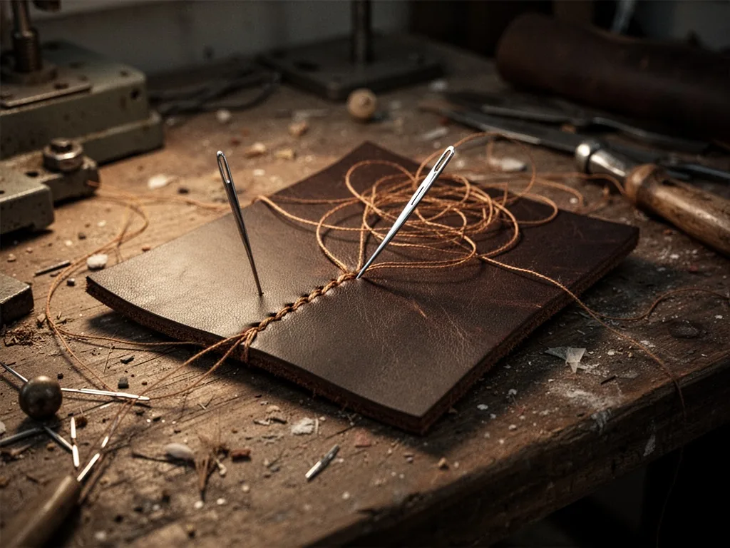 A leather piece with a snapped needle stuck in it, tangled thread on top, and a crooked stitch line, all scattered on a 