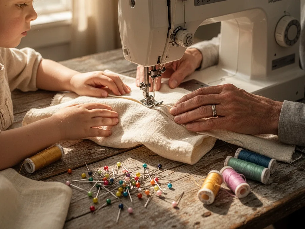 A sewing machine needle piercing cream fabric, child and adult hands guiding cloth, scattered colorful pins and thread s
