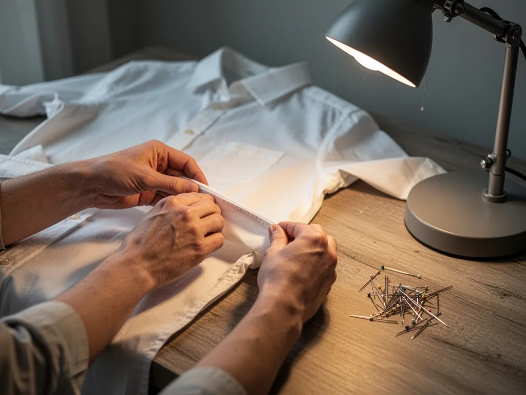 A pair of hands inspecting a white cotton shirt's hem under a warm desk lamp, sewing pins scattered on wooden surface, s