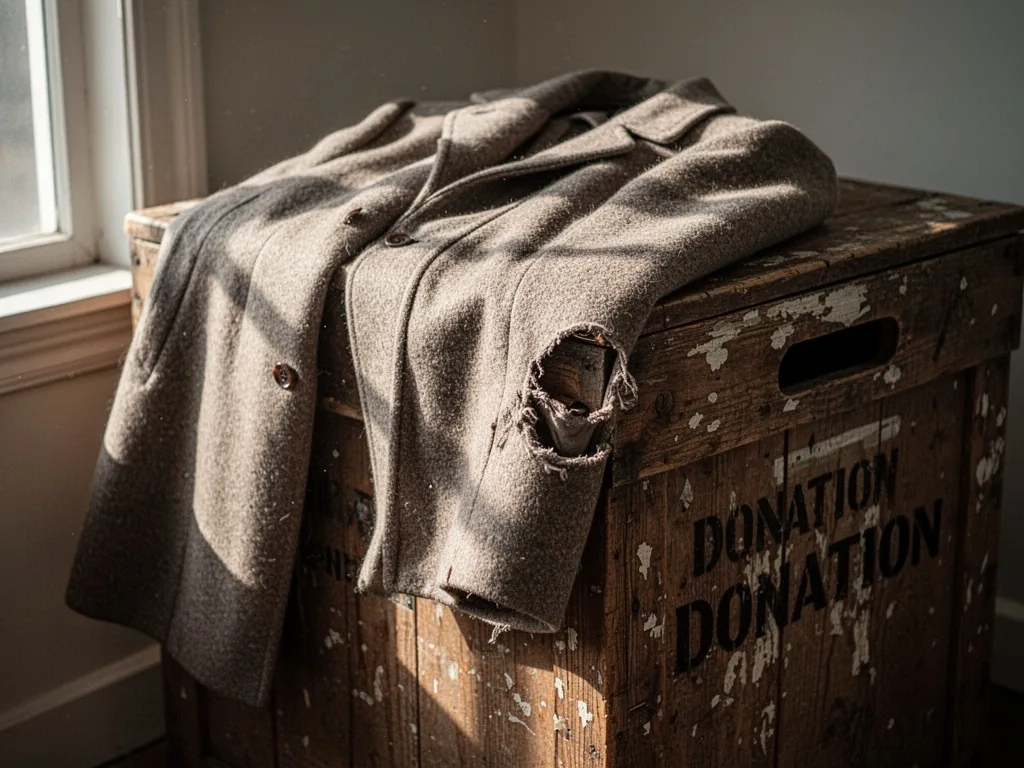A crumpled wool coat with a torn elbow, draped over a worn wooden donation bin, soft window light casting long shadows
