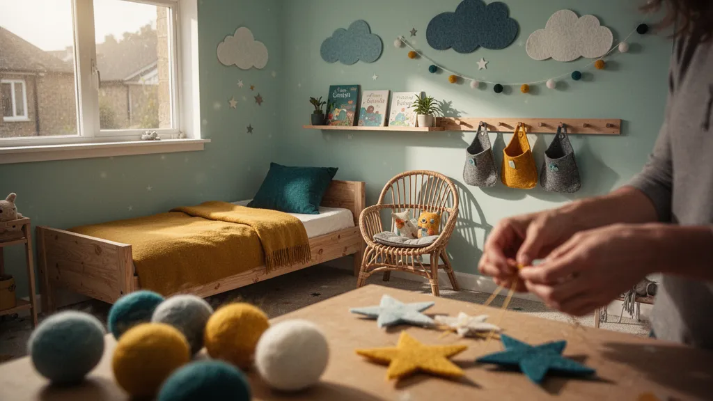 Chambre d'enfant décorée avec guirlandes de pompons et mobiles en feutrine