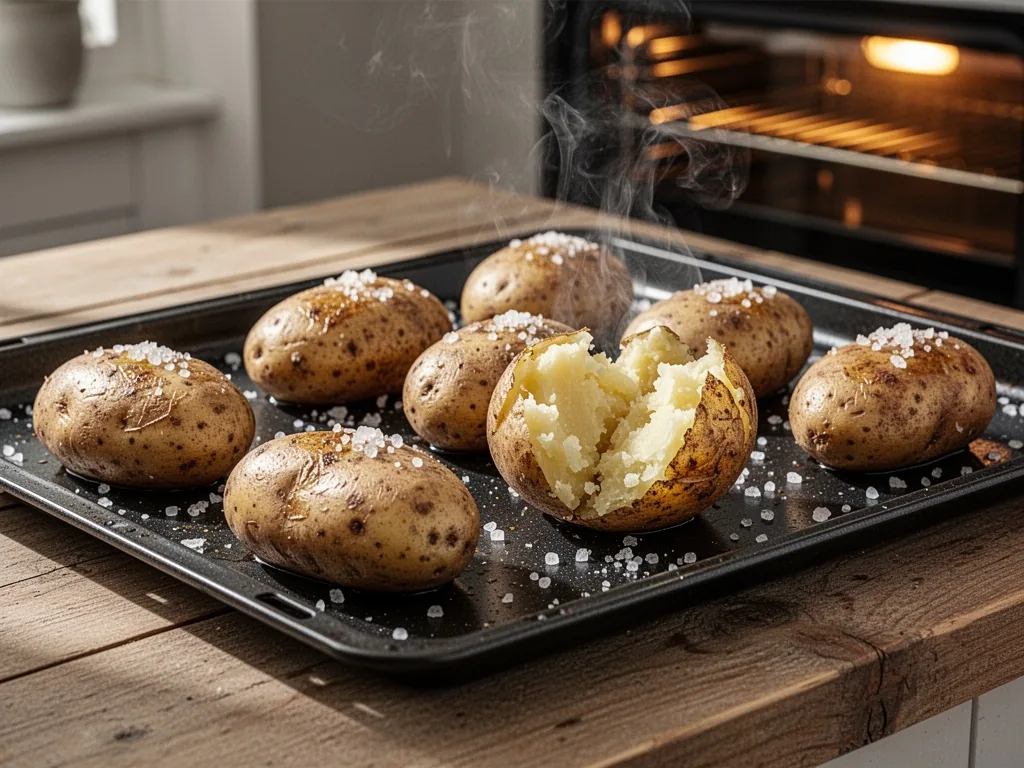 A black baking sheet with whole baked potatoes, crispy golden skin, coarse sea salt scattered, one potato cut open revea
