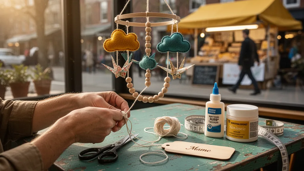 Mobile artisanal suspendu au-dessus d'un berceau, éléments en papier et bois
