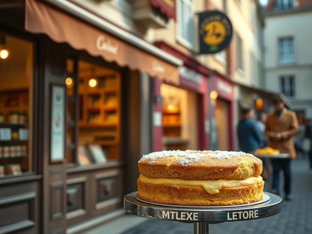 Gâteau moelleux au citron doré, saupoudré de sucre glace, sur une assiette ancienne