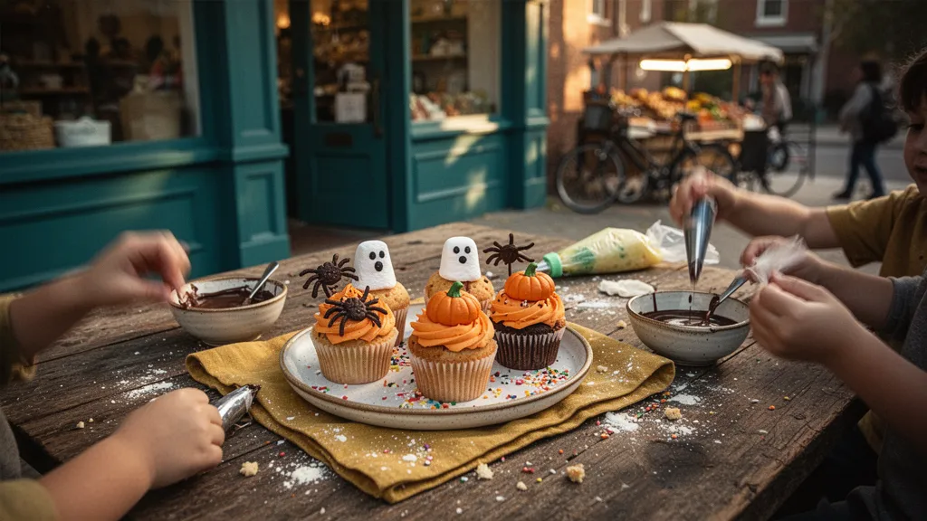Assortiment de cupcakes et biscuits décorés aux couleurs d'Halloween posés sur une table de fête