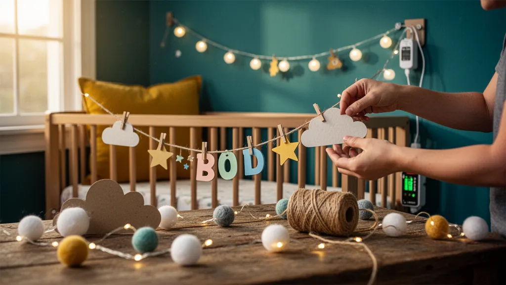 Guirlande lumineuse faite maison en papier et pompons accrochée au mur au-dessus d'un lit d'enfant