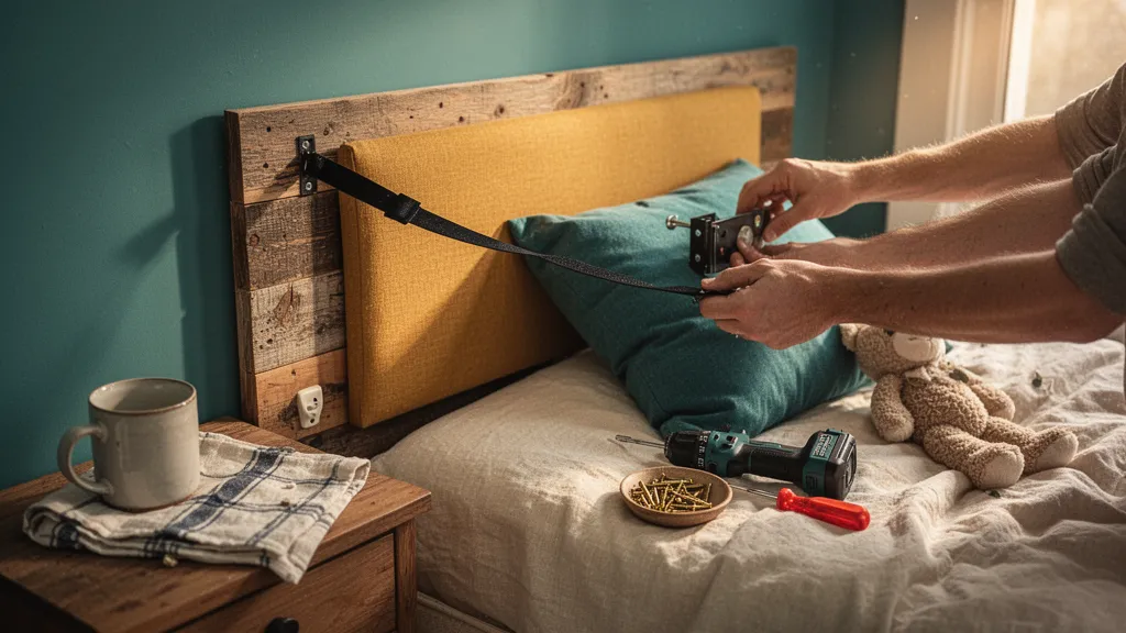 Tête de lit enfant en bois clair avec guirlande lumineuse et coussins colorés