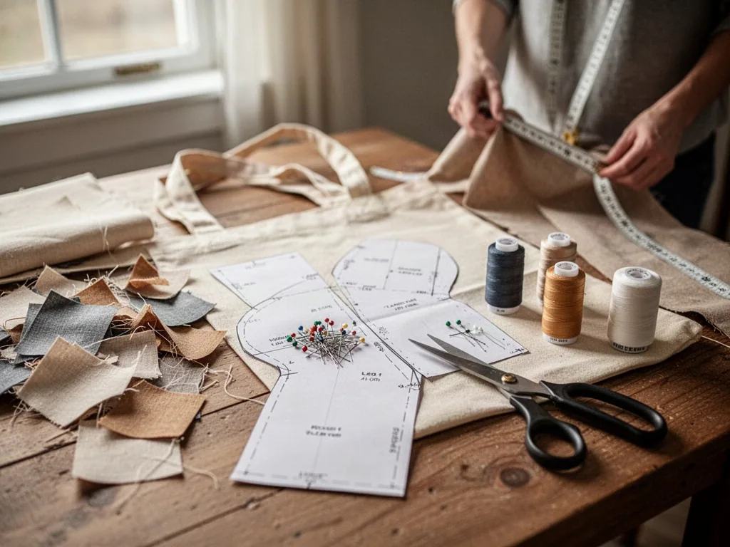 A beginner sewing setup with fabric scraps, tote bag pattern pieces, pins, thread spools, and scissors on a wooden table