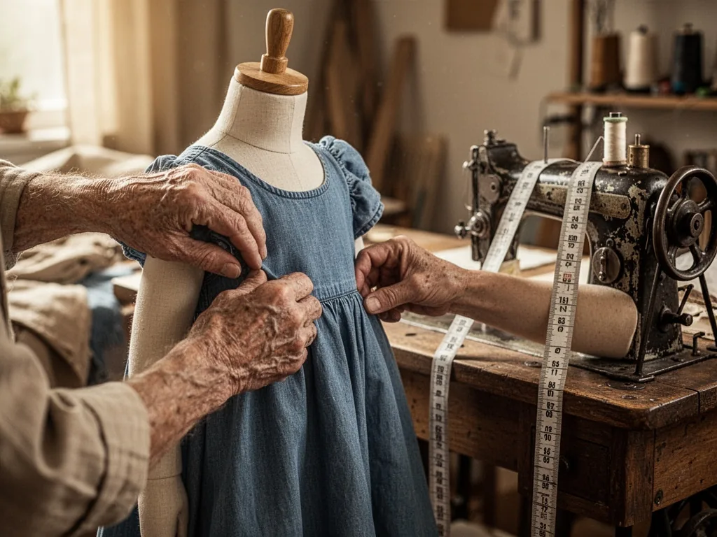 A pair of weathered hands adjusting a child's blue dress on a sewing mannequin, a measuring tape draped over a vintage s
