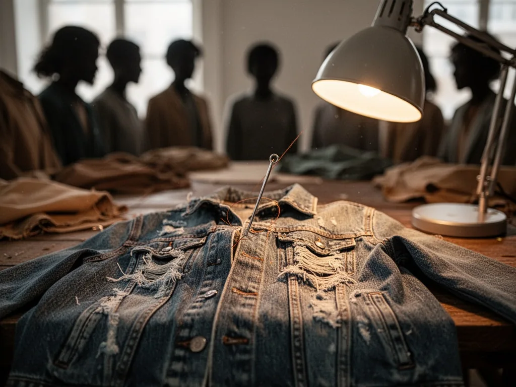 A row of blurred silhouettes around a wooden table, focused on a needle threading through torn denim jacket, warm lamp g