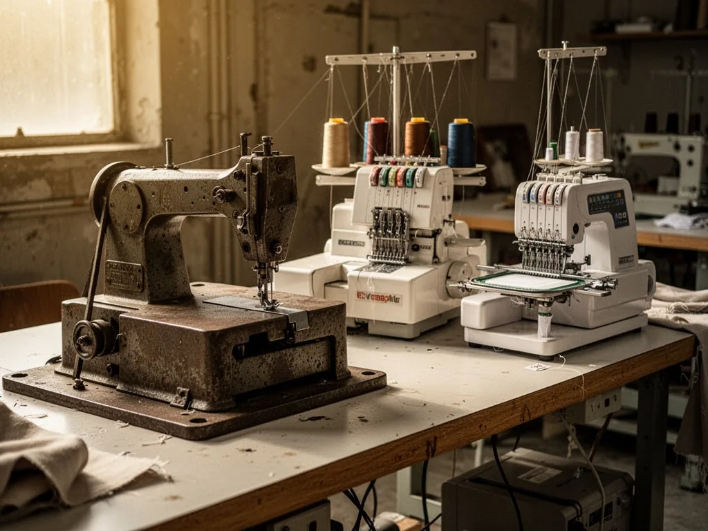 An industrial sewing machine with a heavy iron base, an overlock machine with thread spools, and a compact embroidery ma