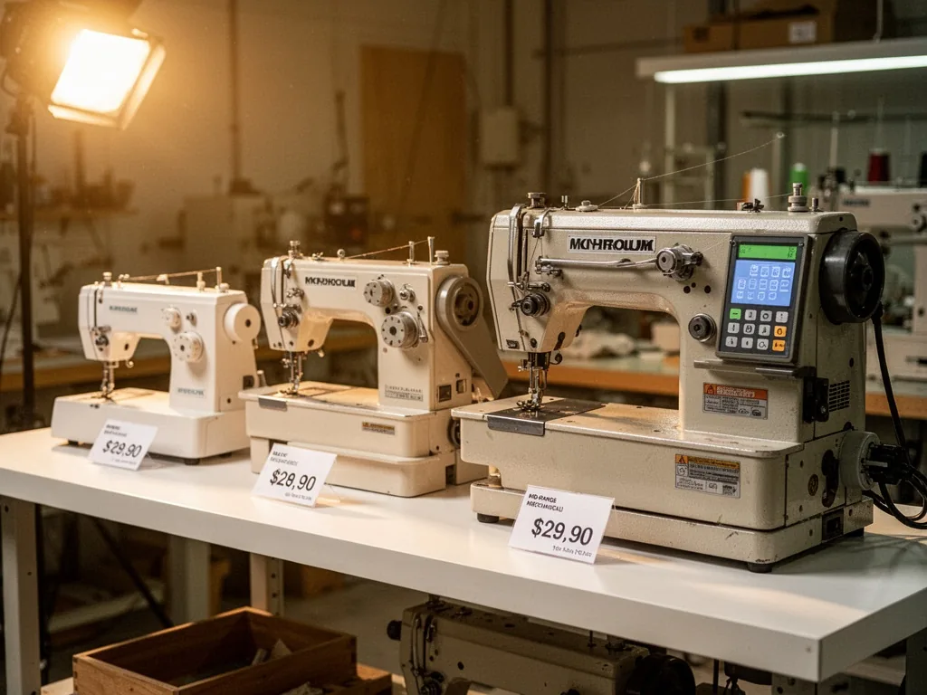 Three sewing machines of increasing size on a white shelf, small home model, mid-range mechanical, large industrial with
