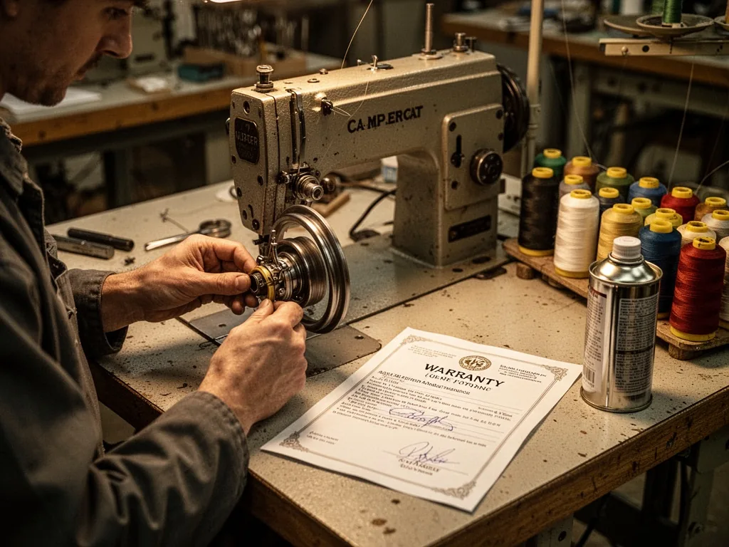 A technician's hands adjusting the bobbin of a professional sewing machine, a signed warranty paper and oil can beside a