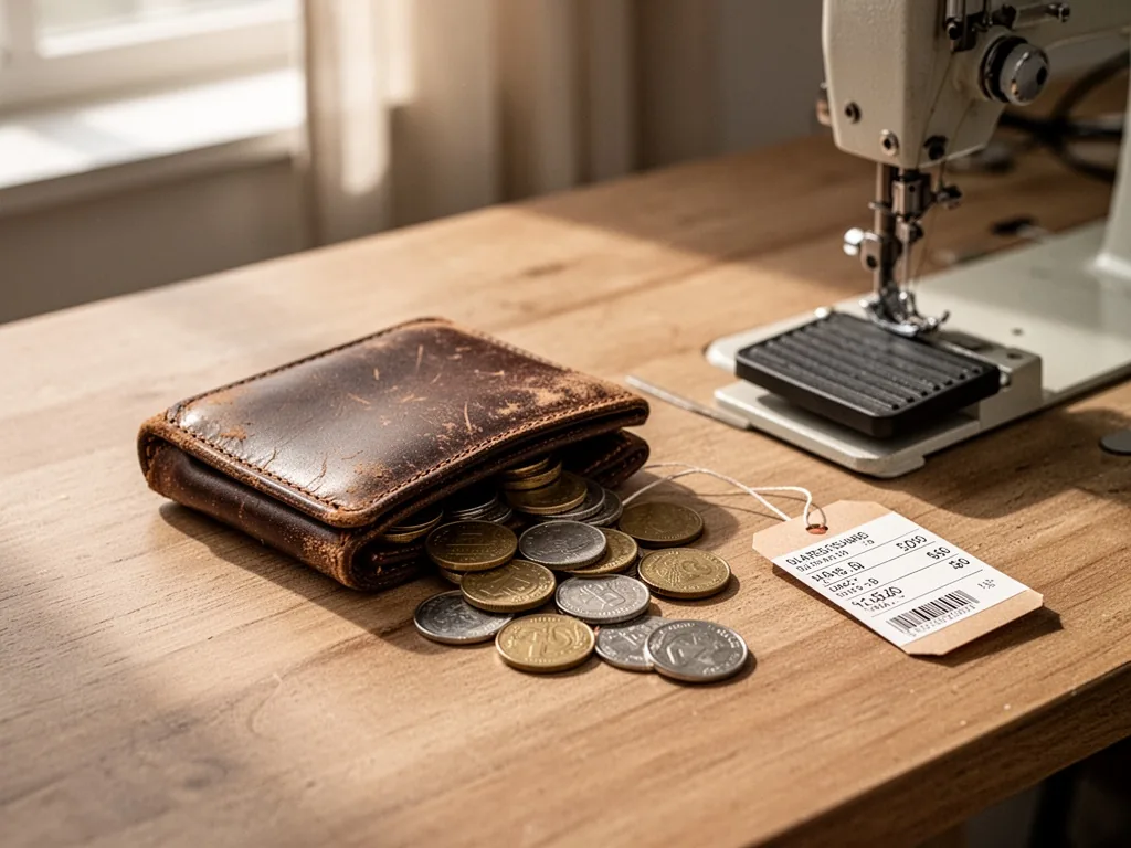 A worn leather wallet with coins spilling out onto a wooden table, next to a sewing machine foot pedal and a price tag, 