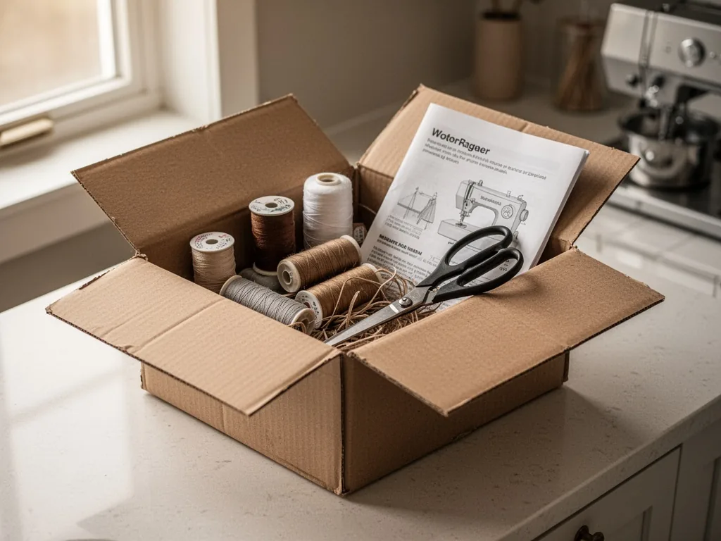 A half-filled cardboard box with spools of thread, fabric scissors, and a sewing machine manual, resting on a kitchen co