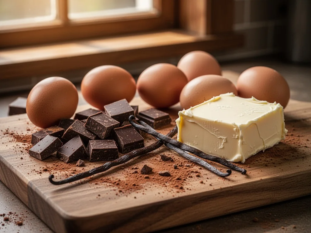 A wooden cutting board covered in dark chocolate chunks, fresh eggs, a vanilla pod, and a smooth butter block, scattered