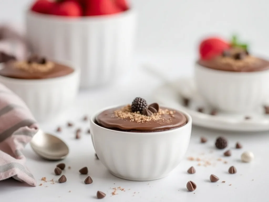 Ramequins de mousse au chocolat maison saupoudrés de copeaux de chocolat sur un fond clair