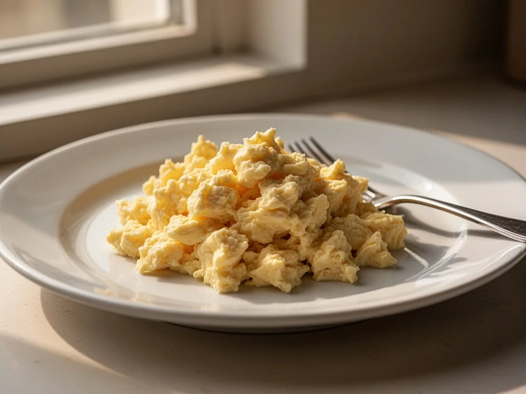 A close-up of creamy scrambled eggs mounded on a white plate, a silver fork poised beside them, soft morning light from