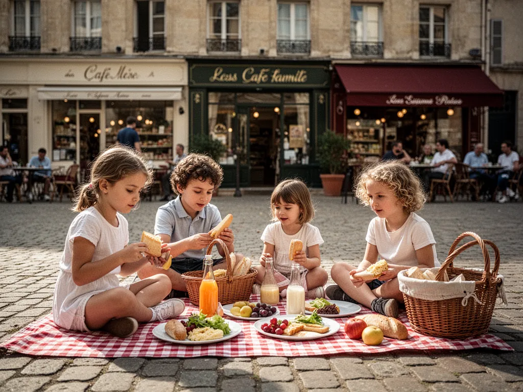 Couvertures et paniers de pique-nique posés sur une couverture dans l'herbe, avec des salades et fruits prêts à partager