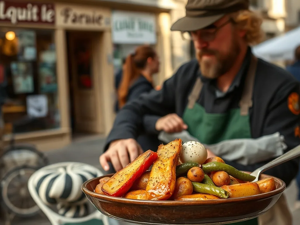 Tranches de foie gras poêlé dorées sur un lit de légumes de saison, dans une assiette chaleureuse