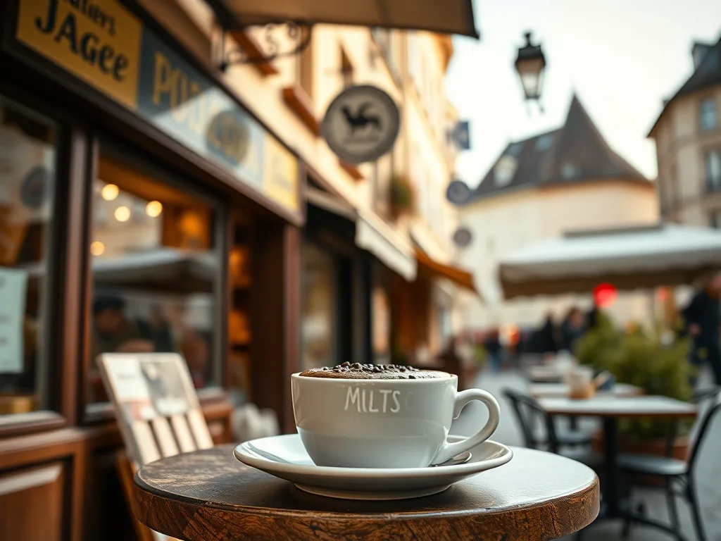 Un mug cake au chocolat tout juste sorti du micro-ondes, encore gonflé, avec une cuillère plantée dedans, sur un plan de travail en bois
