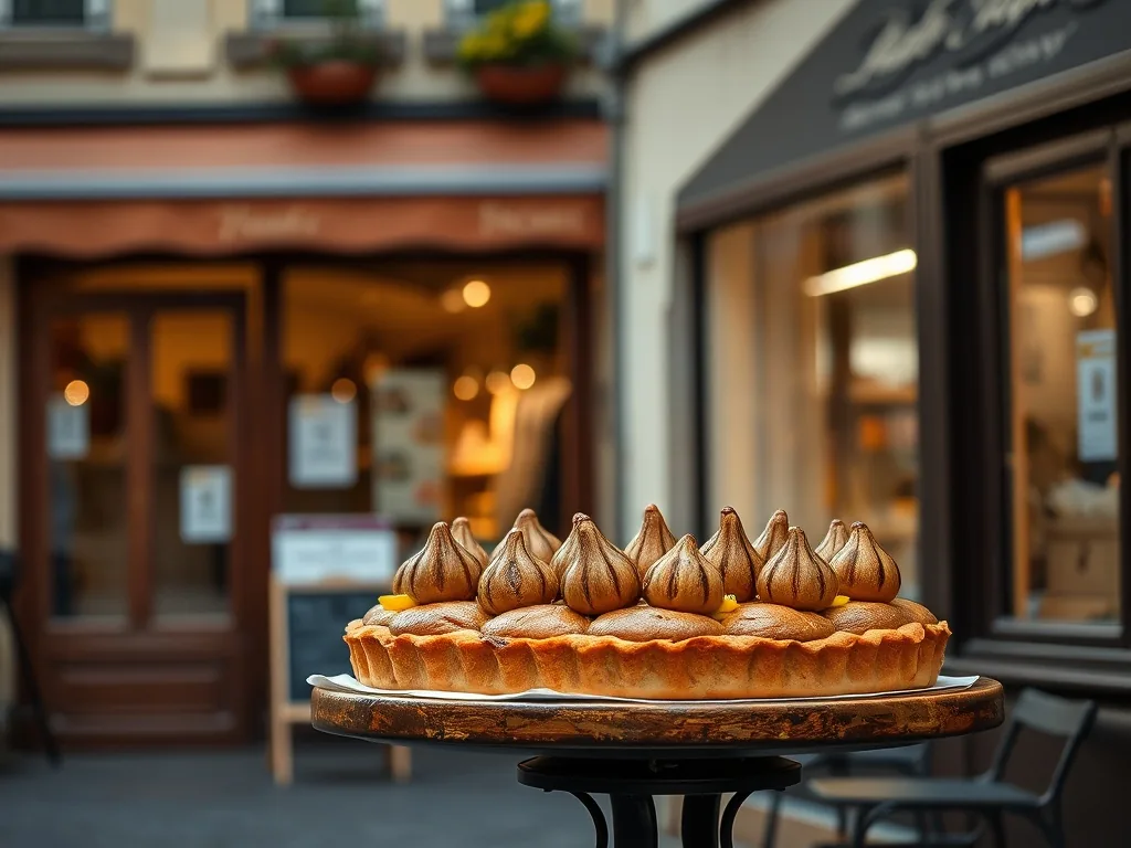 Tarte amandine aux poires avec une surface dorée et des amandes effilées grillées, posée sur une grille de refroidissement