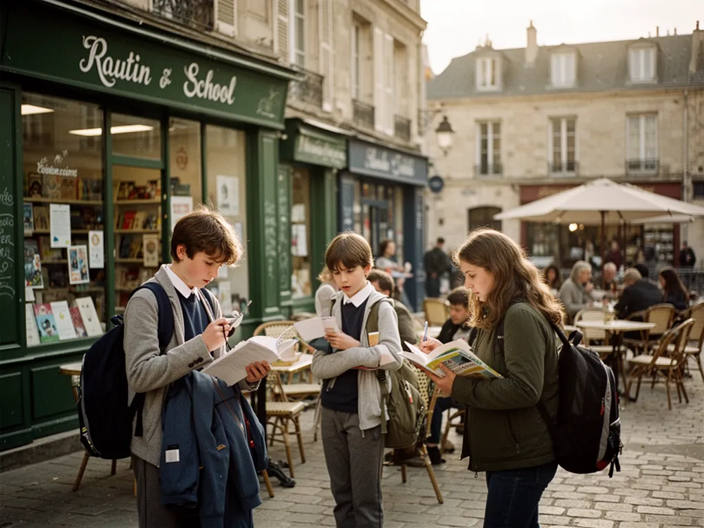 Enfant souriant prêt le matin devant le sac et les chaussures