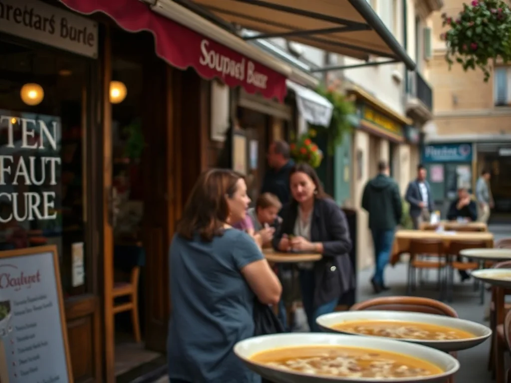 Un bol de velouté vert tendre, surmonté d'une feuille de radis et de quelques radis roses coupés en deux, posé sur une planche en bois