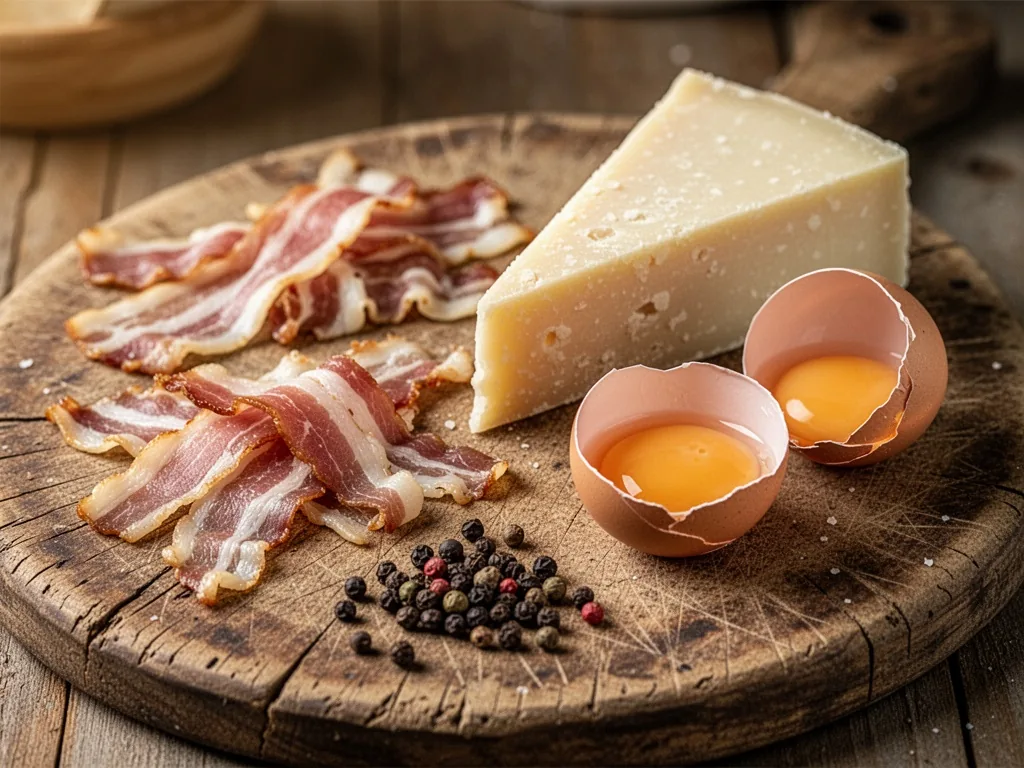 A close-up of four carbonara ingredients on a worn wooden board: guanciale strips, pecorino cheese wedge, two eggs one c