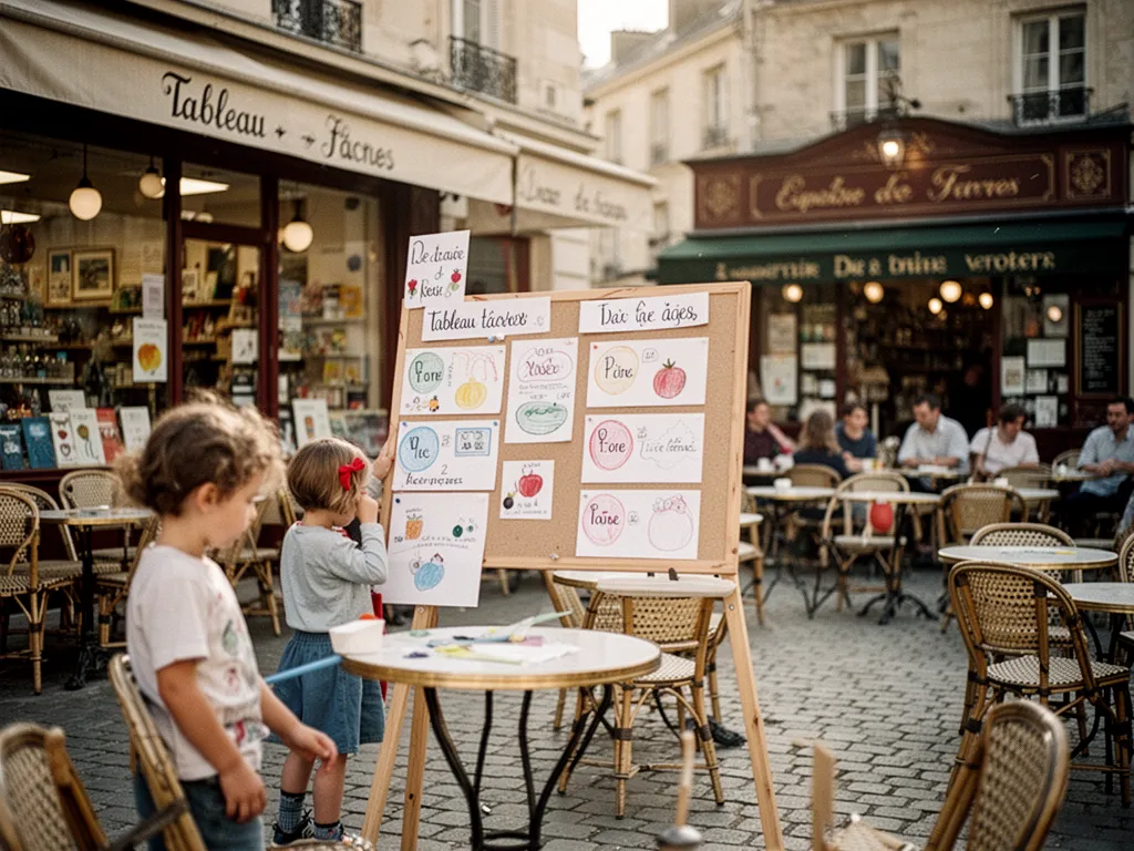 Tableau de tâches magnétique accroché dans une cuisine, avec pictogrammes pour enfants