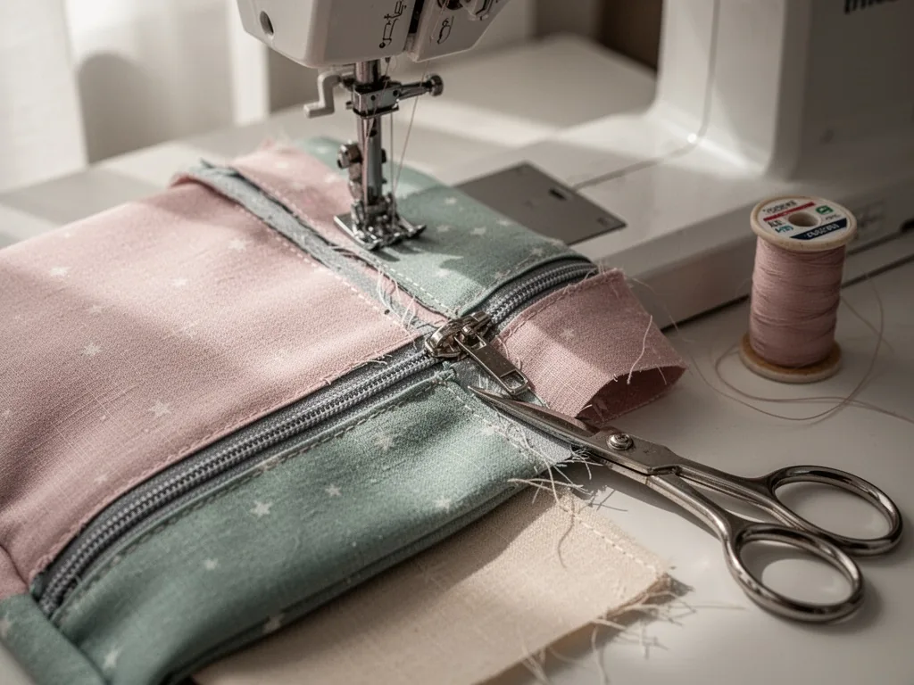 A half-sewn toiletry bag with a metal zipper partially inserted, fabric edges aligned, sewing machine needle poised abov
