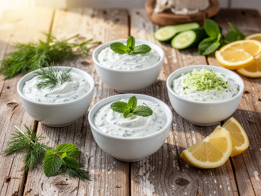 Three small white bowls of tzatziki on a weathered wooden table, each with different garnishes: dill, mint, and grated c