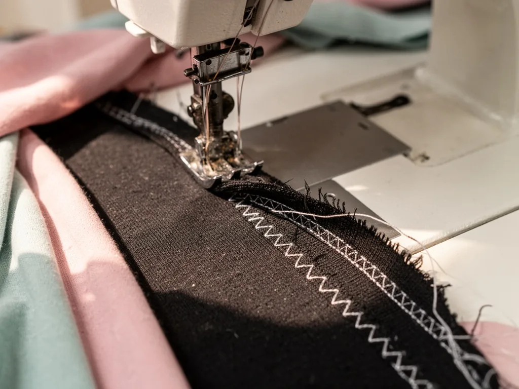 A sewing machine needle piercing a stretched piece of black jersey fabric with a zigzag stitch, frayed edge being secure